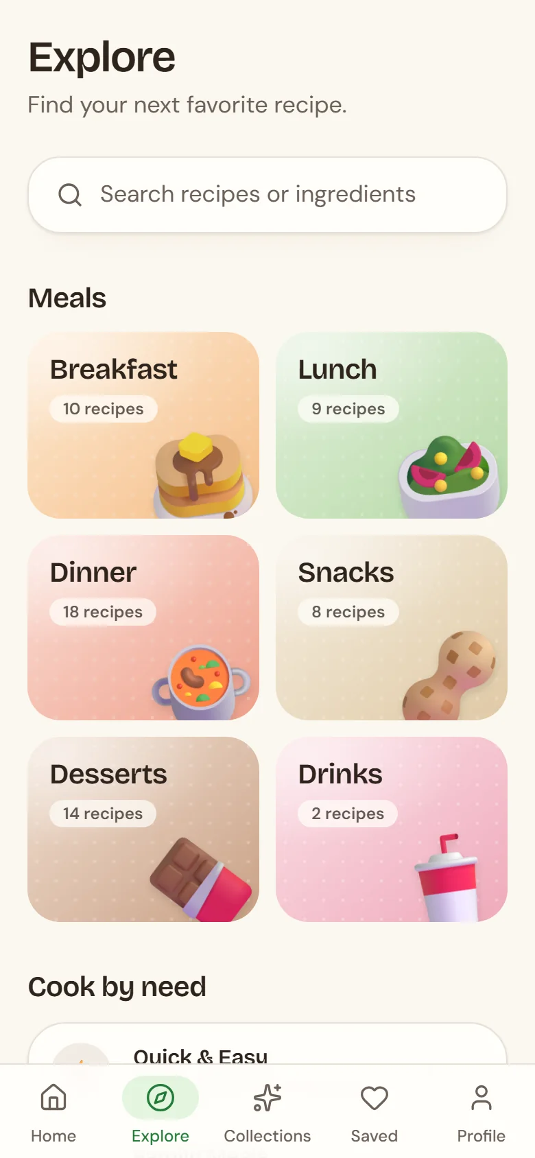 Sugarless Explore screen with Breakfast, Lunch, Dinner, Snacks, Desserts and Drinks